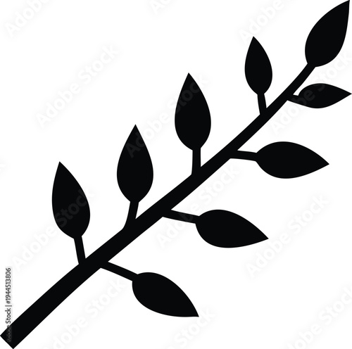 Simple Black Branch with Leaves Icon on White Background Minimalist Nature Graphic
