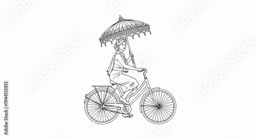Woman riding a vintage bicycle holding a decorative umbrella for shade