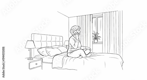 Person on bed talking on phone, bedroom interior, plants, curtains, window