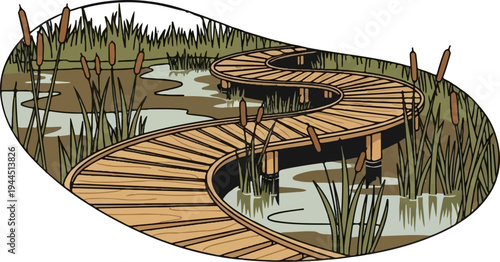 Winding wooden walkway through a wetland with cattails