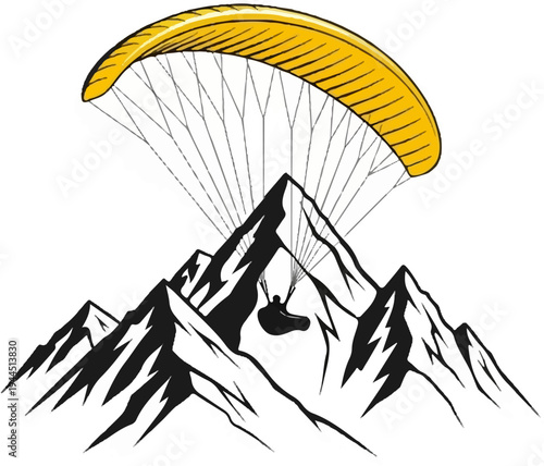 Paraglider soars above jagged peaks with a yellow wing