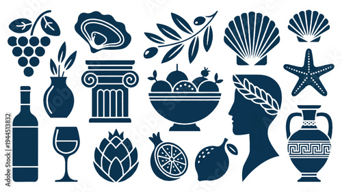 A collection of various beach and nautical themed illustrations featuring seashells, wine, fruits, and columns.