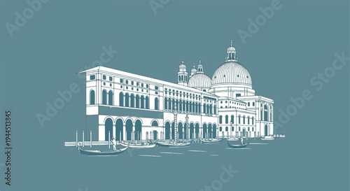 White line drawing of grand building with domes and canal gondolas on teal
