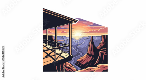 Pixel art balcony overlooks grand canyon at sunset
