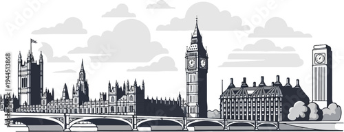 Stylized pixelated panorama of iconic clock towers and buildings by river