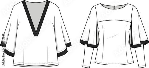 Fashion technical sketch of women's v-neck blouse with tiered bell sleeves and contrast trim cad drawing flat vector illustration flavector