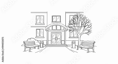 A sketch of a snow-covered building entrance with benches and bare tree