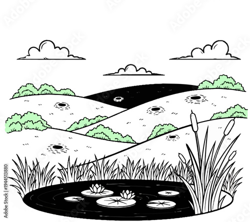 Stylized rolling hills with craters surround a dark pond with water lilies