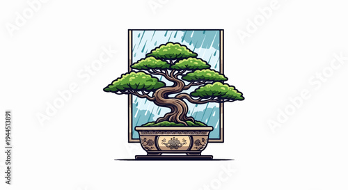 Pixel art bonsai tree in a pot with rain in background