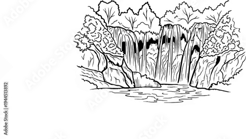 A sketch of a tall waterfall cascading down rocky cliffs surrounded by trees
