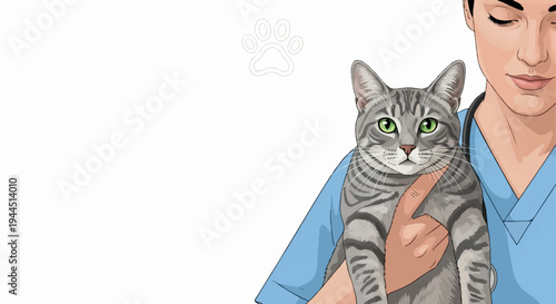 Veterinarian in blue scrubs holds a tabby cat with green eyes
