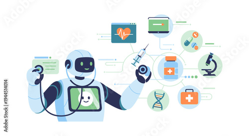 AI Doctor Robot with Stethoscope and Medical Icons. Digital Health, Future Medicine, and Advanced Diagnostics Concept.