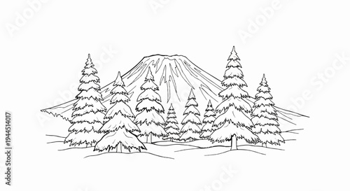 A stark, minimalist line drawing of a snow-covered mountain behind a forest