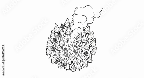 Stylized coniferous forest ablaze, spewing smoke