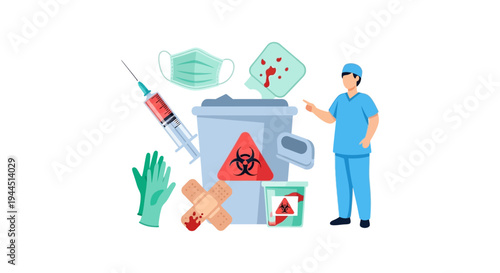 Healthcare Biohazard Waste Management and Safe Disposal. Medical Worker, Syringe, Mask, Gloves, and Contaminated Materials.