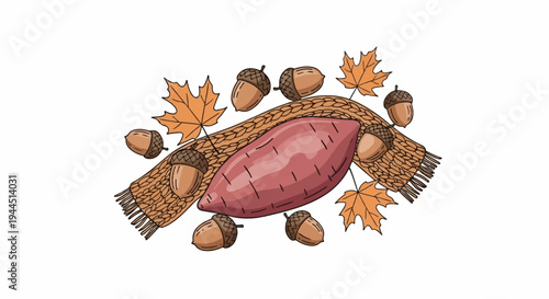 A sweet potato, knitted scarf, acorns, and maple leaves form an autumn still life