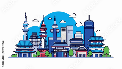 Stylized cityscape with towers, traditional buildings, and trees