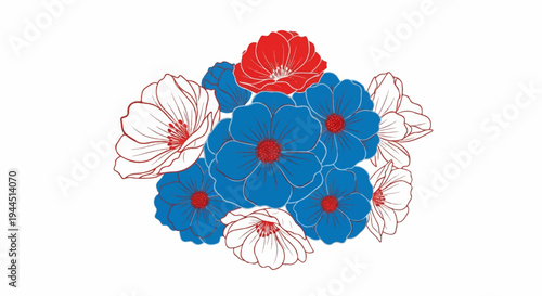 A stylized floral arrangement featuring red, white, and blue flowers