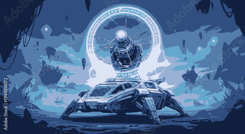 Futuristic Transport Descending Through Ancient Portal