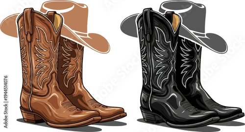 Two pairs of cowboy boots with hats, one brown, one black