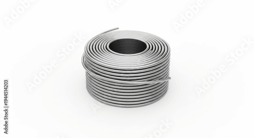 A tightly wound coil of thin metallic wire on a white background