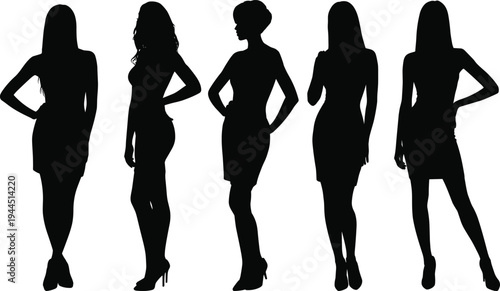 female silhouettes, fashion model silhouettes, women standing poses, elegant female figures, black silhouette women, stylish ladies collection, fashion pose illustration