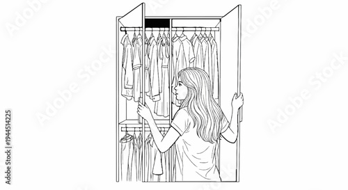 A young woman chooses clothes from a full wardrobe