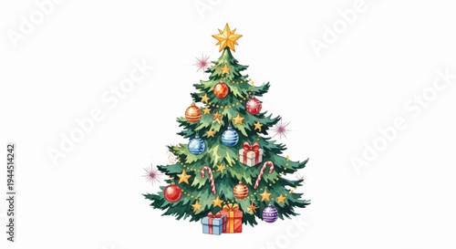 A watercolor painting of a decorated Christmas tree with presents below