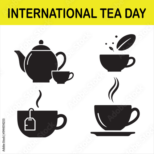 International Tea Day vector icon set featuring a teapot, teacups with steam, a tea bag, and a floating tea leaf, perfect for beverage-related designs and promotions.