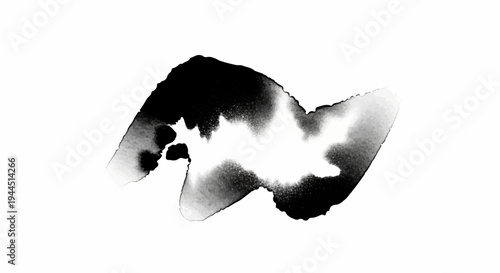 Abstract black ink blot with textured gradients and white negative space