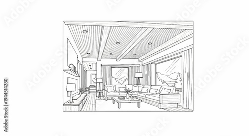 A sketch of a modern living room with large windows and a scenic view