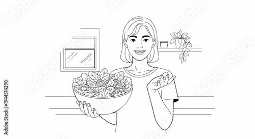 A woman smiles holding a bowl of fresh salad in a kitchen setting