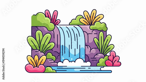 A stylized waterfall cascades down purple rocks surrounded by vibrant foliage