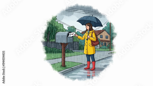Woman in yellow coat and red boots mails letter in rain