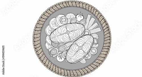 A top-down, line-art depiction of a meal with fish steaks and vegetables