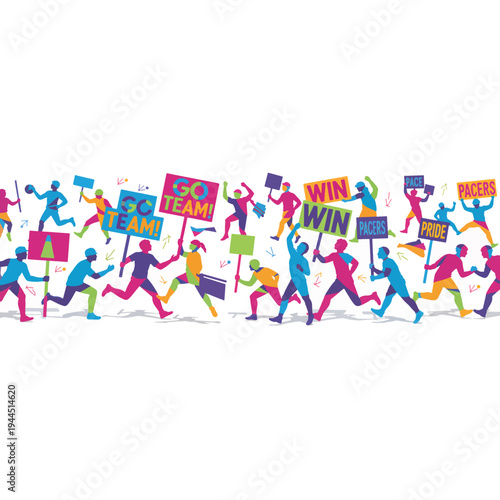 Ultra wide panoramic banner of pacers holding signs. Vibrant geometric silhouette vector illustration. Marathon supporters and runners isolated on transparent background