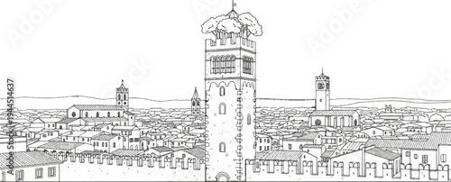 A sketch of an old European city with a prominent central tower topped with trees
