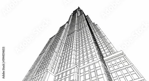 A towering skyscraper, rendered as a black and white line drawing from a low angle