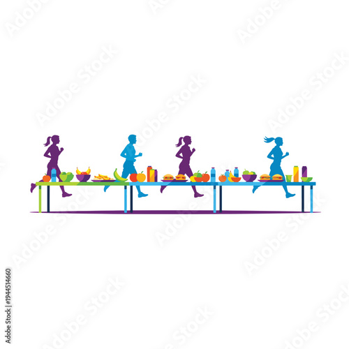 Ultra wide panoramic banner of a post-race food table. Vibrant geometric silhouette vector illustration. Runners at refreshment station isolated on transparent background