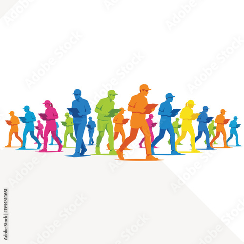 Ultra wide panoramic banner of race officials with clipboards. Vibrant geometric silhouette vector illustration. Event organizers isolated on transparent background