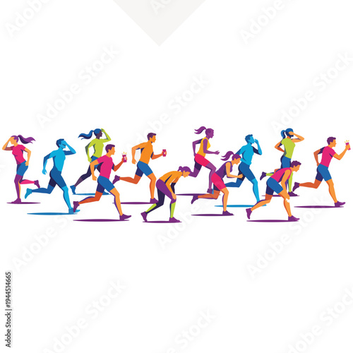 Ultra wide panoramic banner of runners applying sunscreen. Vibrant geometric silhouette vector illustration isolated on transparent background