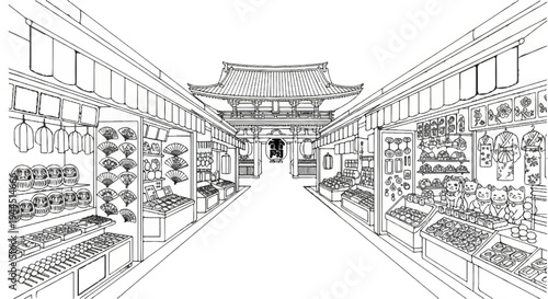 A traditional market street with many stalls selling traditional Japanese goods