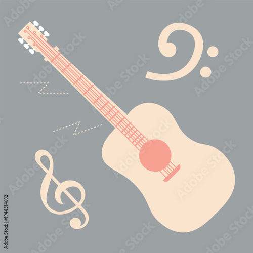 Acoustic guitar with musical symbols flat illustration