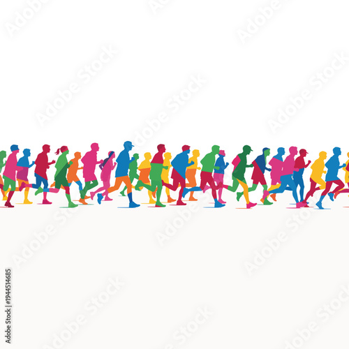 Ultra wide panoramic banner of runners in rain ponchos. Vibrant geometric silhouette vector illustration isolated on transparent background
