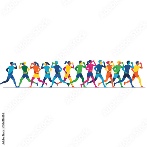 Ultra wide panoramic banner of runners drinking from cups. Vibrant geometric silhouette vector illustration isolated on transparent background