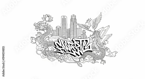 Urban mythical creatures and city skyline graphic with graffiti text