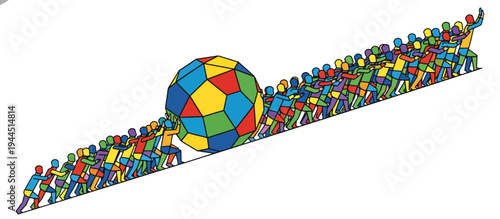 Teamwork concept of crowd pushing a giant geometric ball uphill. Bold outline vector illustration of collective effort and business challenge. Isolated on transparent background
