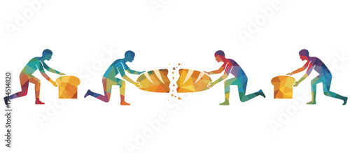 Low poly illustration of people dividing a loaf of bread. Geometric faceted style sharing and charity concept. Vector graphic isolated on transparent background
