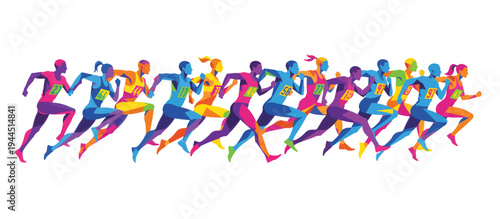 Elite runners competing in a marathon race. Dynamic flat design geometric illustration of athletes with bib numbers. Vector graphic isolated on transparent background