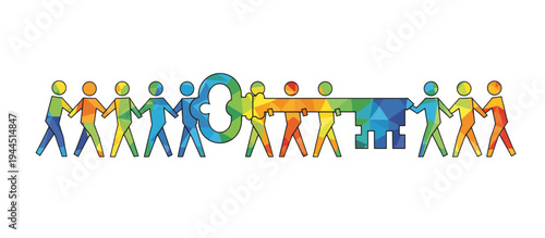 Group of people carrying a large symbolic key. Low poly geometric teamwork and success concept. Vector illustration isolated on transparent background